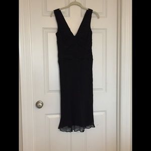 Black silk crepe ruched waist cocktail dress